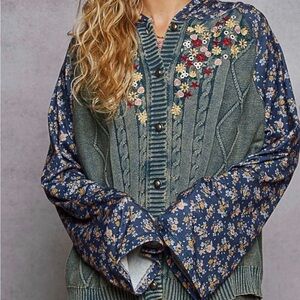 POL NWOT size Medium Floral Embroidered Blue and Gray Cardigan